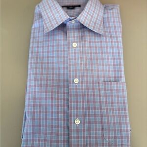Lands End Dress Shirt Large Button Up Traditional Fit Blue and RedvNo Iron Mens